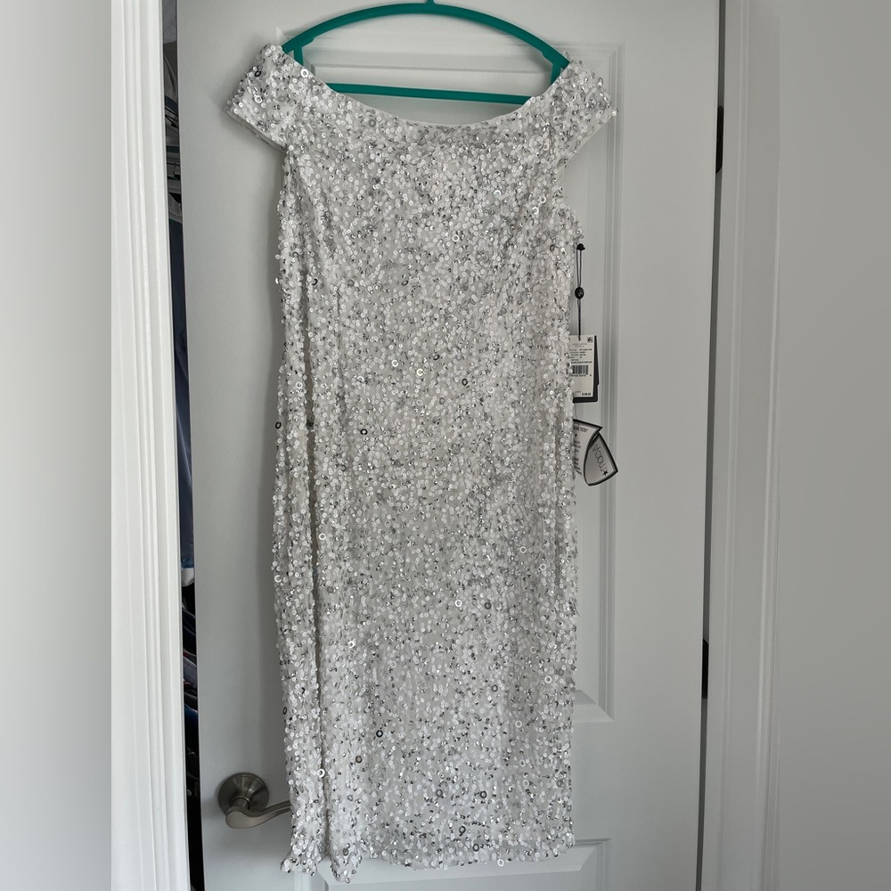 NWT Adrianna Papell Off Shoulder Sequin Sheath Dress in Ivory, Size 16